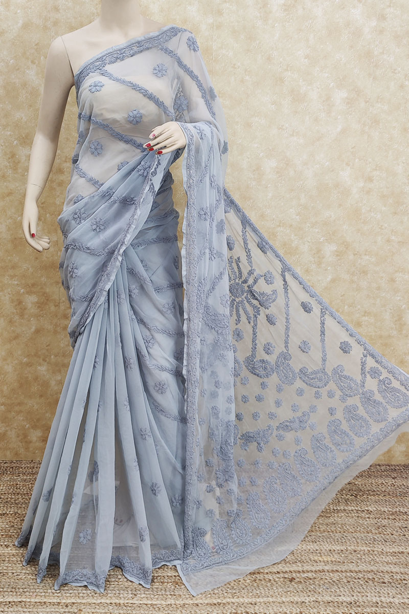 Grey Colour Hand Embroidered Lucknowi Chikankari Saree ( With Blouse- Georgette ) MC251934